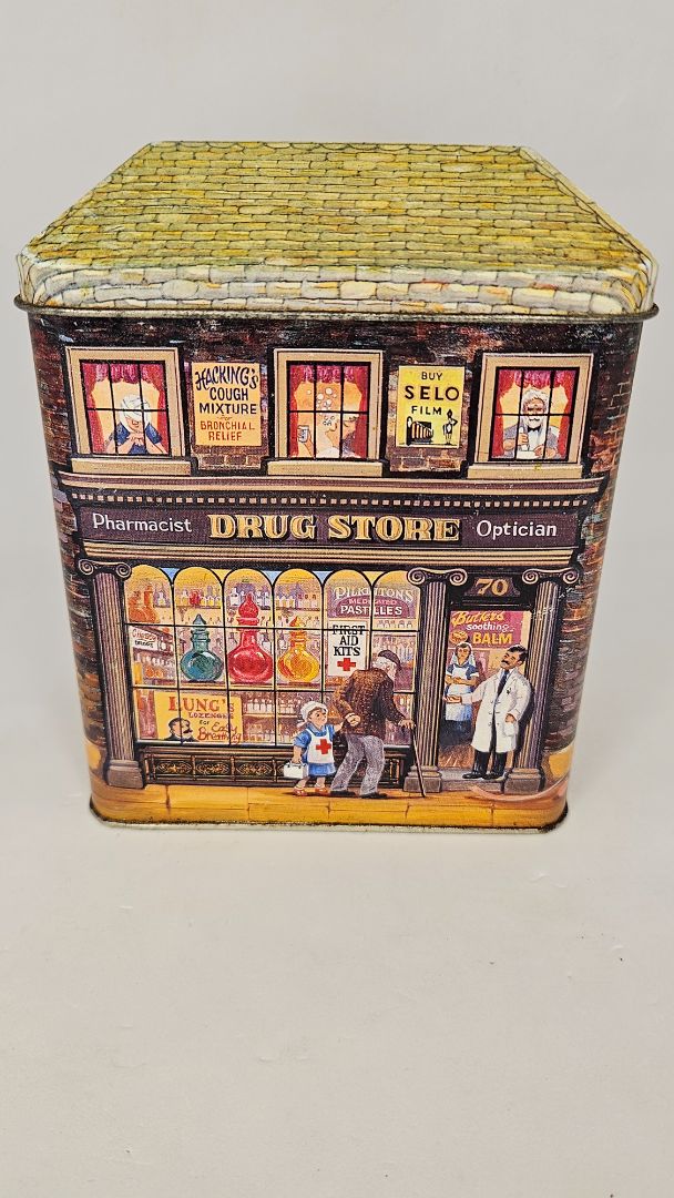 Vintage aluminum can (1990) The Drug store with first aid kit, The Silver Crane Company