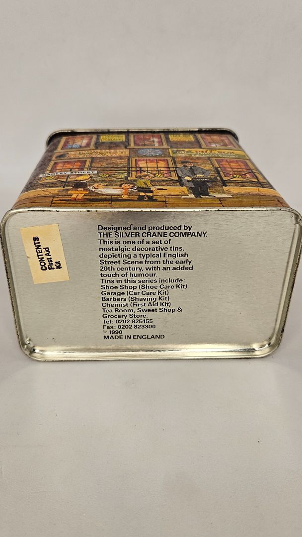 Vintage aluminum can (1990) The Drug store with first aid kit, The Silver Crane Company