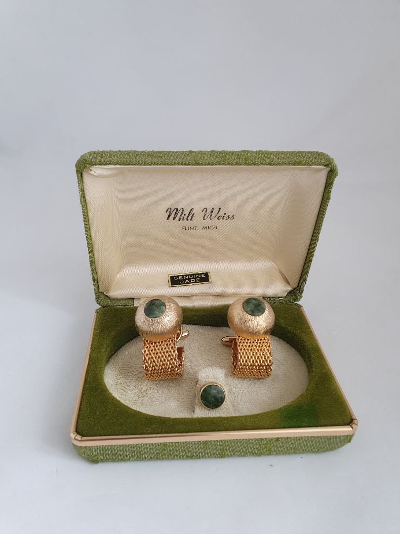 Cufflinks and tie pin (genuine Jade stones), Milt Weiss