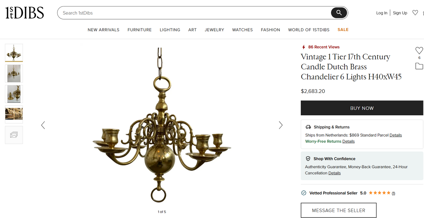 Antík (1800s) brass kertaljósakróna 6 arma (dutch), Dutch