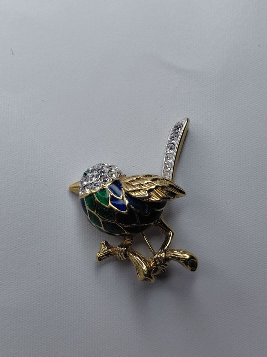 Vintage (1980s) fugla næla gullhúðuð (22 Karat) e-með Sarowski kristöllum, Attwood & Sawyer