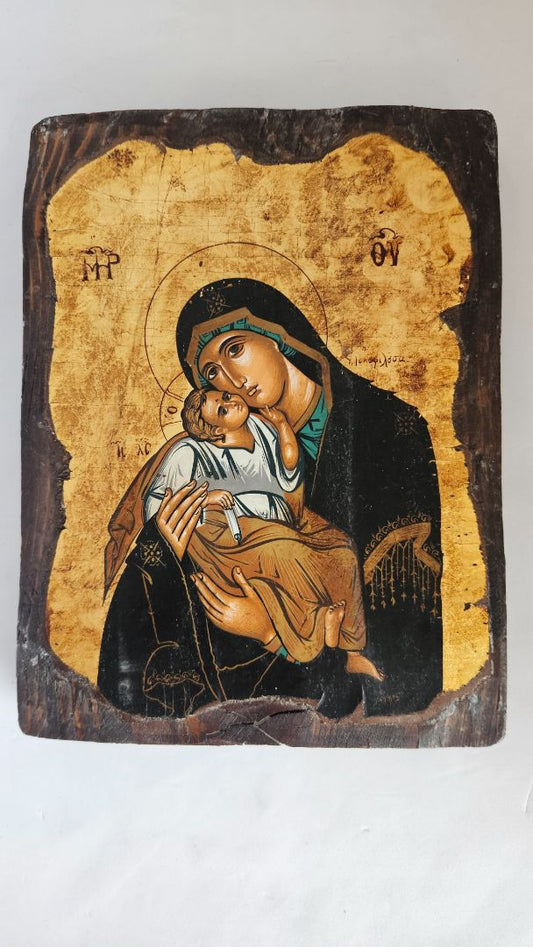 Wooden wall plate of the Virgin Mary and baby Jesus