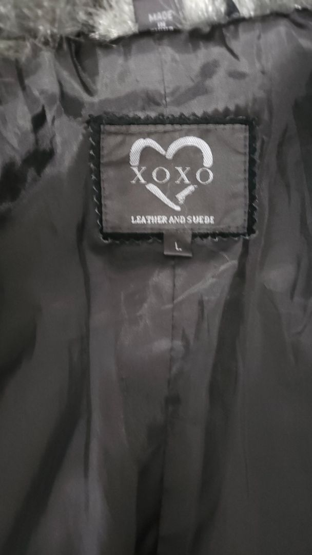 Rússkins kápa með loðkraga, L, XOXO genuine leather and suade