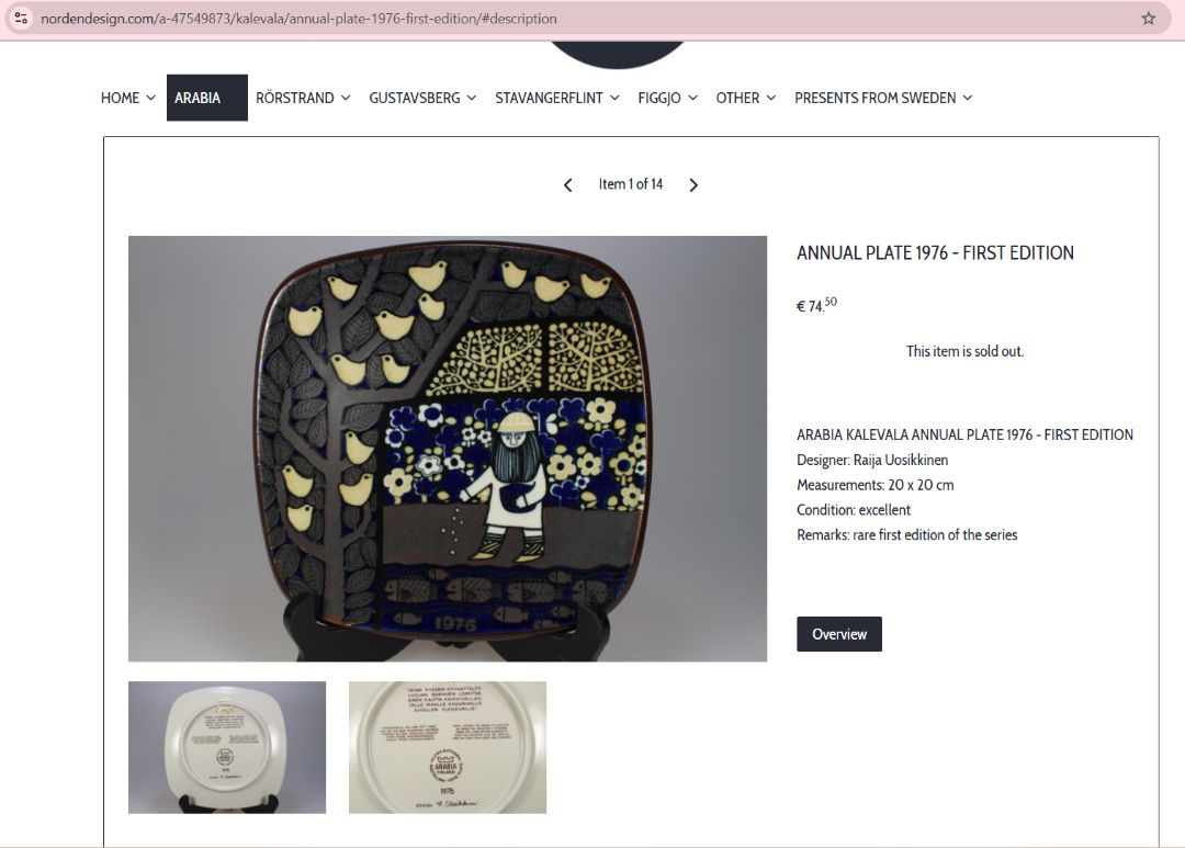 Vintage (1977) wall plate from the Kalevala line, Arabia Finland