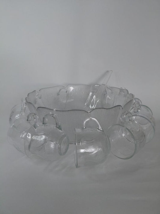 Vintage large punch bowl with 12 cups (France fleur 1970s), Arcoroc