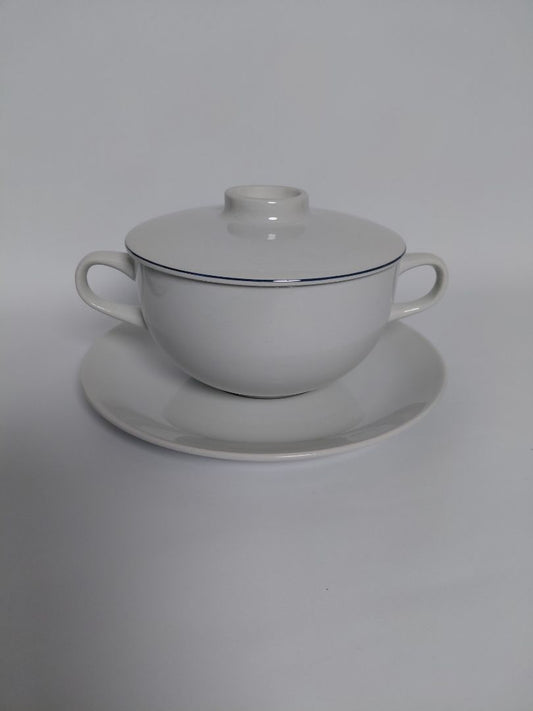 Blåkant soup bowl with lid and saucer (1965), Royal Copenhagen Grethe Meyer