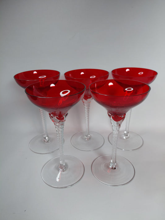 Vintage (1970s) rauð kristal líkjörsglös (5 stk), Tékkneskur kristall