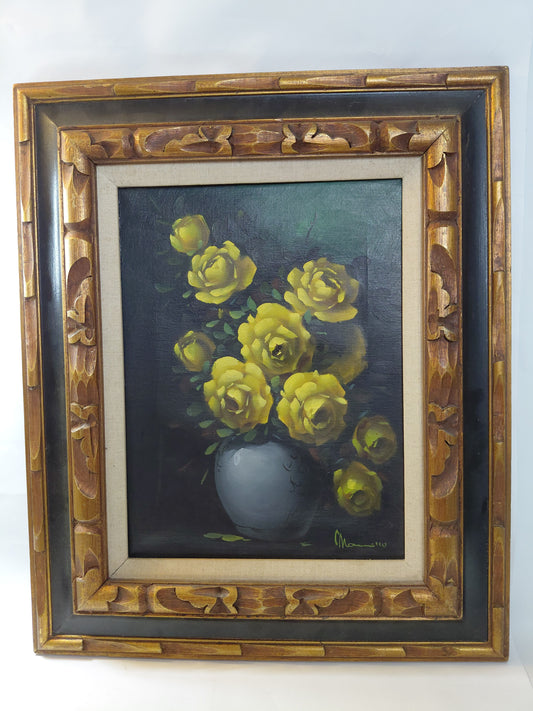 Vintage olíumálverk gul blómi í blómavasa (1960-1980), Marillo