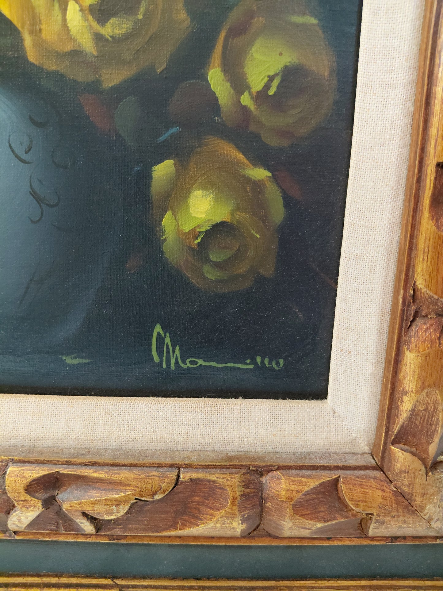 Vintage olíumálverk gul blómi í blómavasa (1960-1980), Marillo