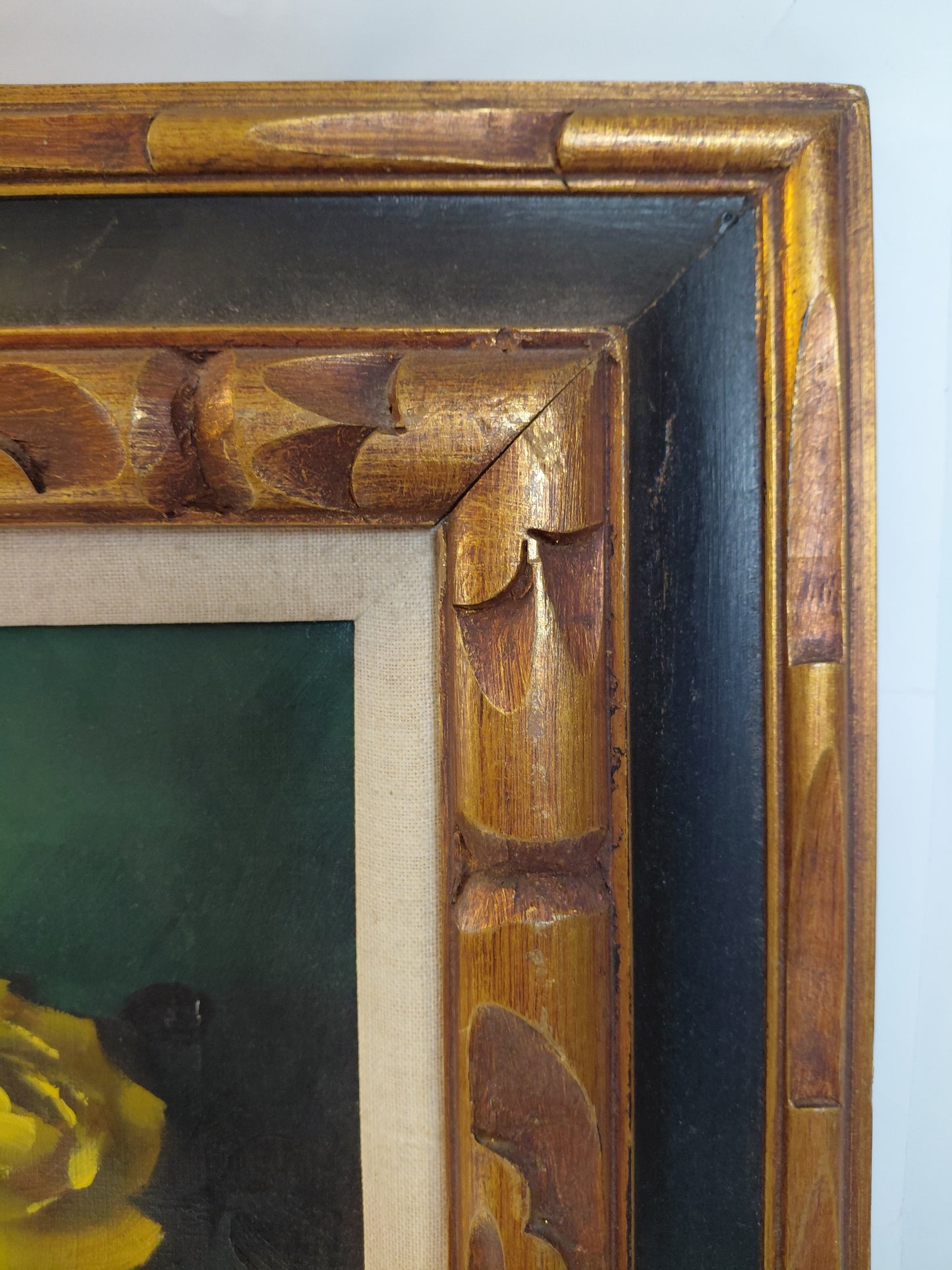 Vintage olíumálverk gul blómi í blómavasa (1960-1980), Marillo