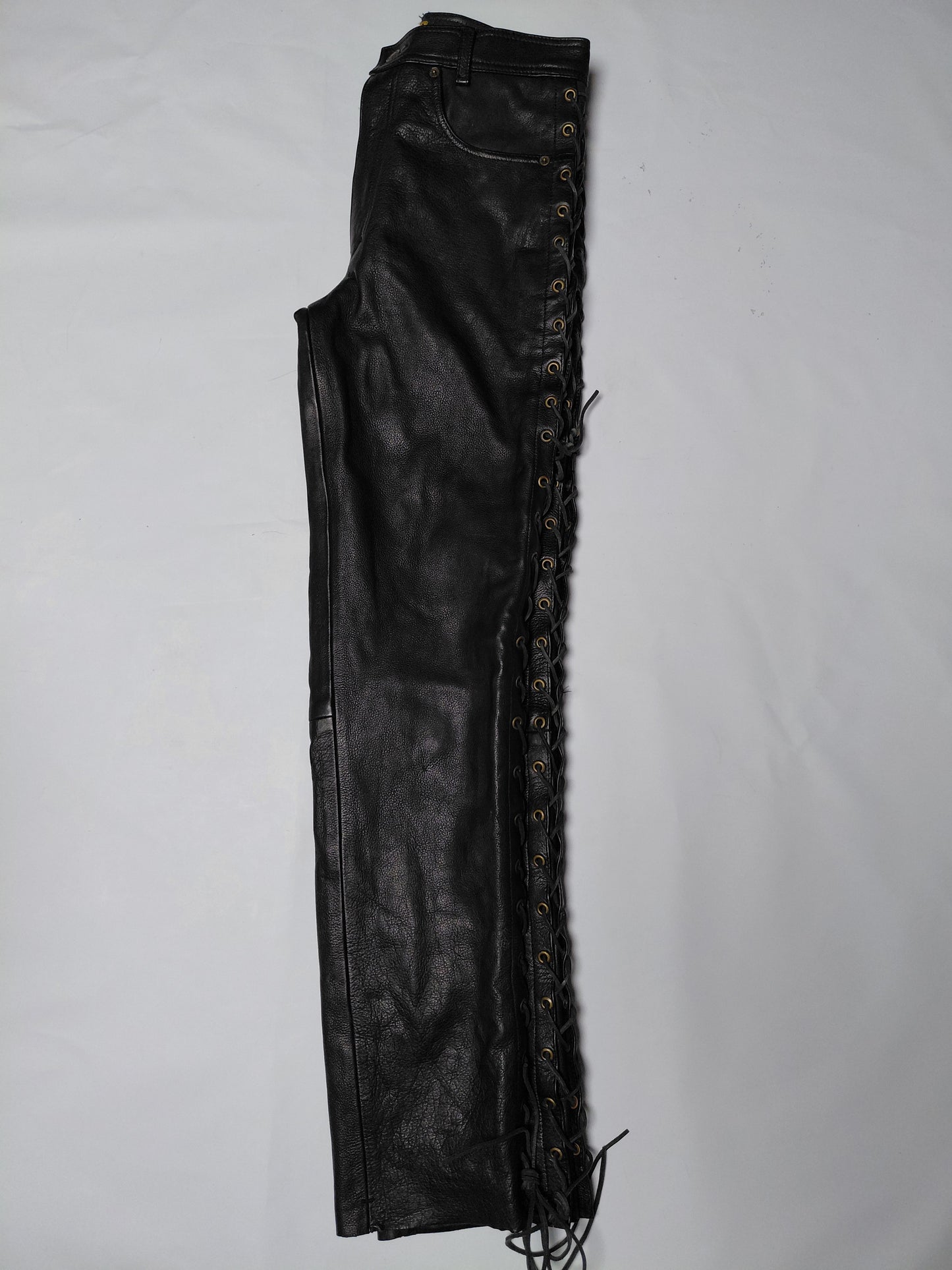 Vintazge leður mótorhjólabuxur reimdar á hlið, 30/32, JTS Biker clothing