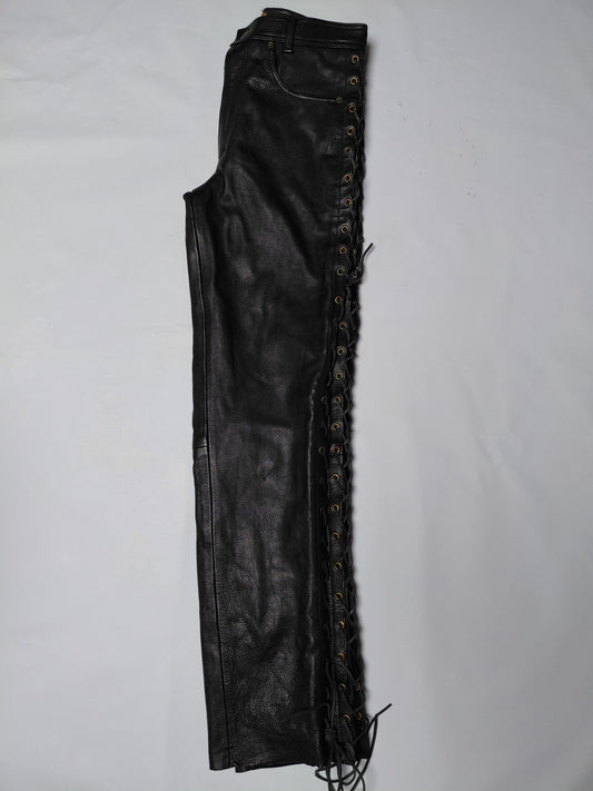 Vintazge leður mótorhjólabuxur reimdar á hlið, 30/32, JTS Biker clothing