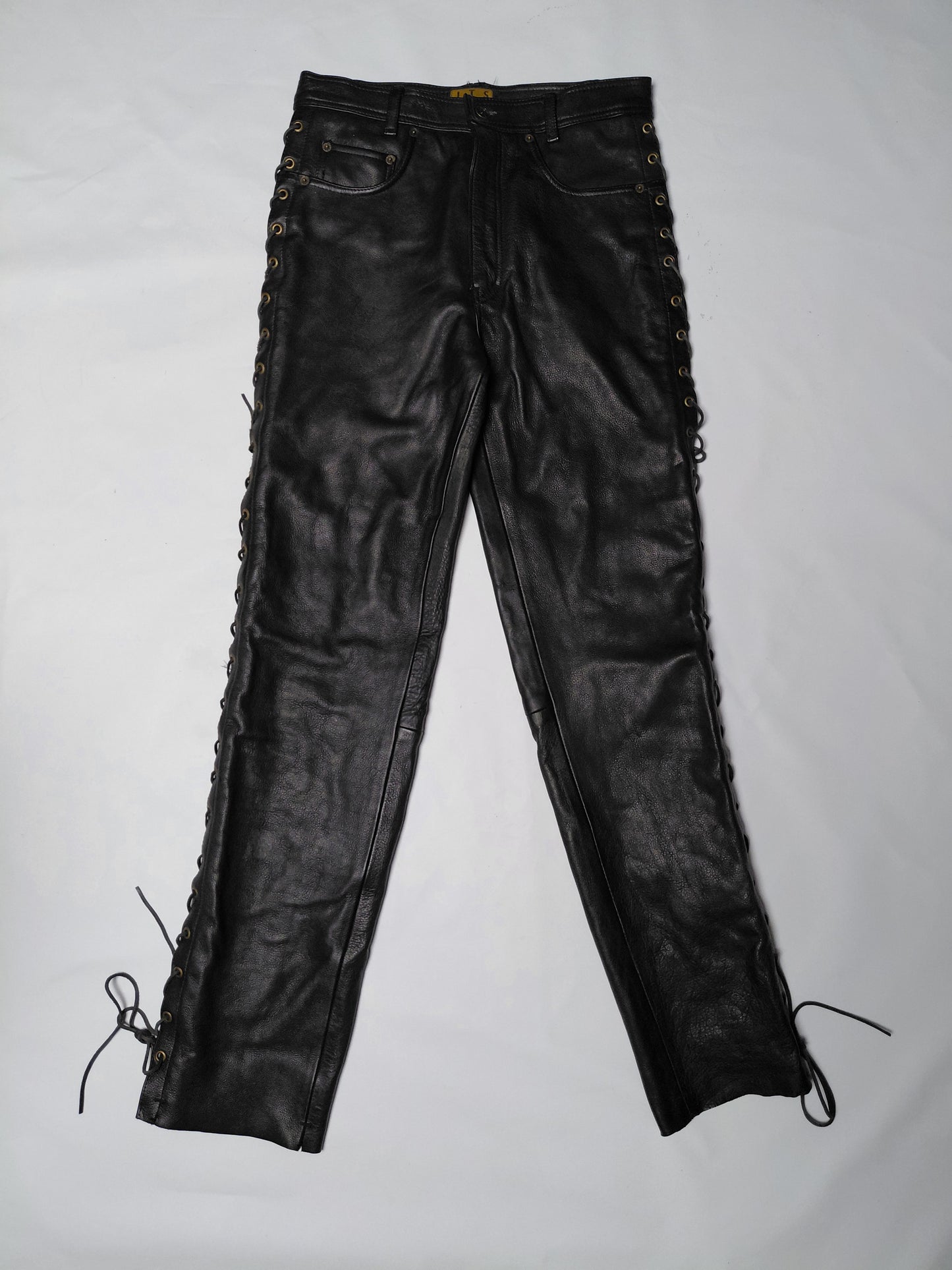 Vintazge leður mótorhjólabuxur reimdar á hlið, 30/32, JTS Biker clothing