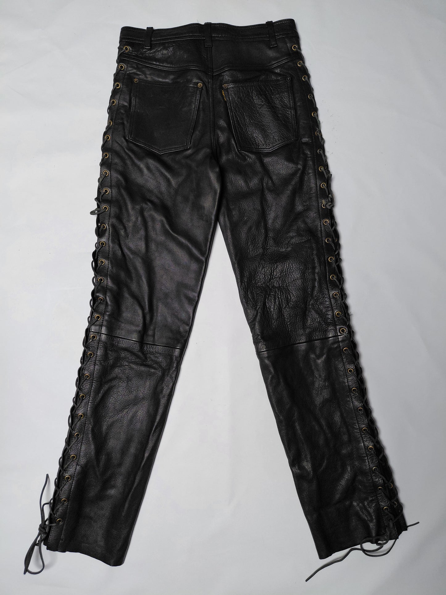 Vintazge leður mótorhjólabuxur reimdar á hlið, 30/32, JTS Biker clothing