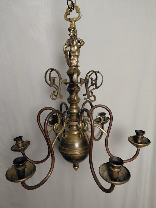 Antík (1800s) brass kertaljósakróna 6 arma (dutch), Dutch