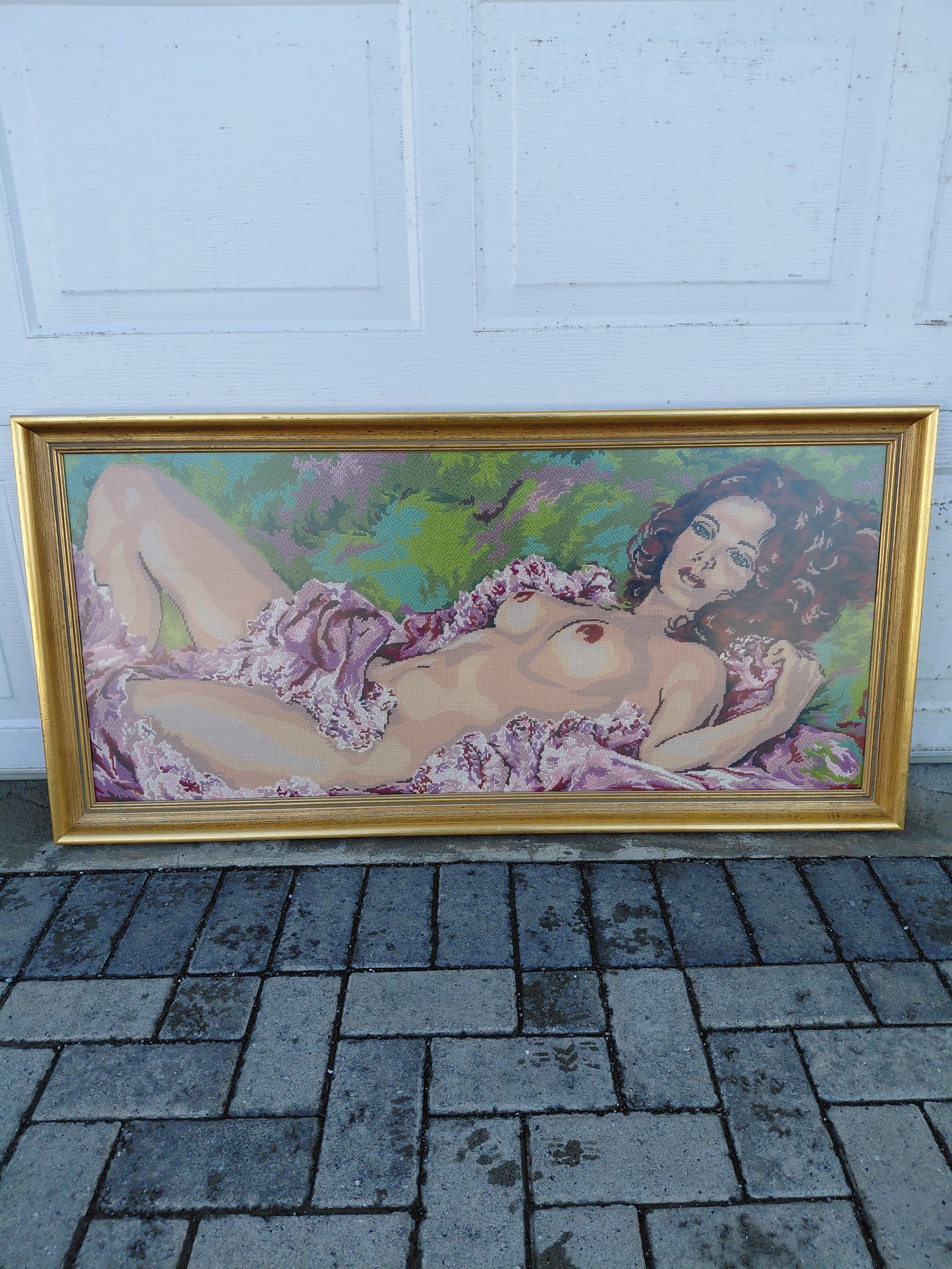 Vintage handsaumuð mynd nakin kona (1970s) 121x59 cm