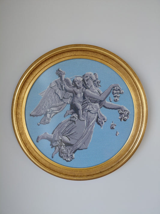 Vintage handsaumuð mynd af englum hringlaga (Ø49 cm)