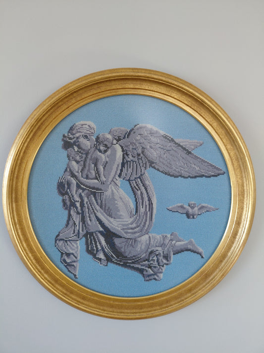 Vintage handsaumuð mynd af englum hringlaga (Ø49 cm)