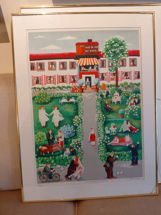 Handmáluð litographie "Tallmogården" 100/200 (ár 1988), Marion Belin (1933-2022)