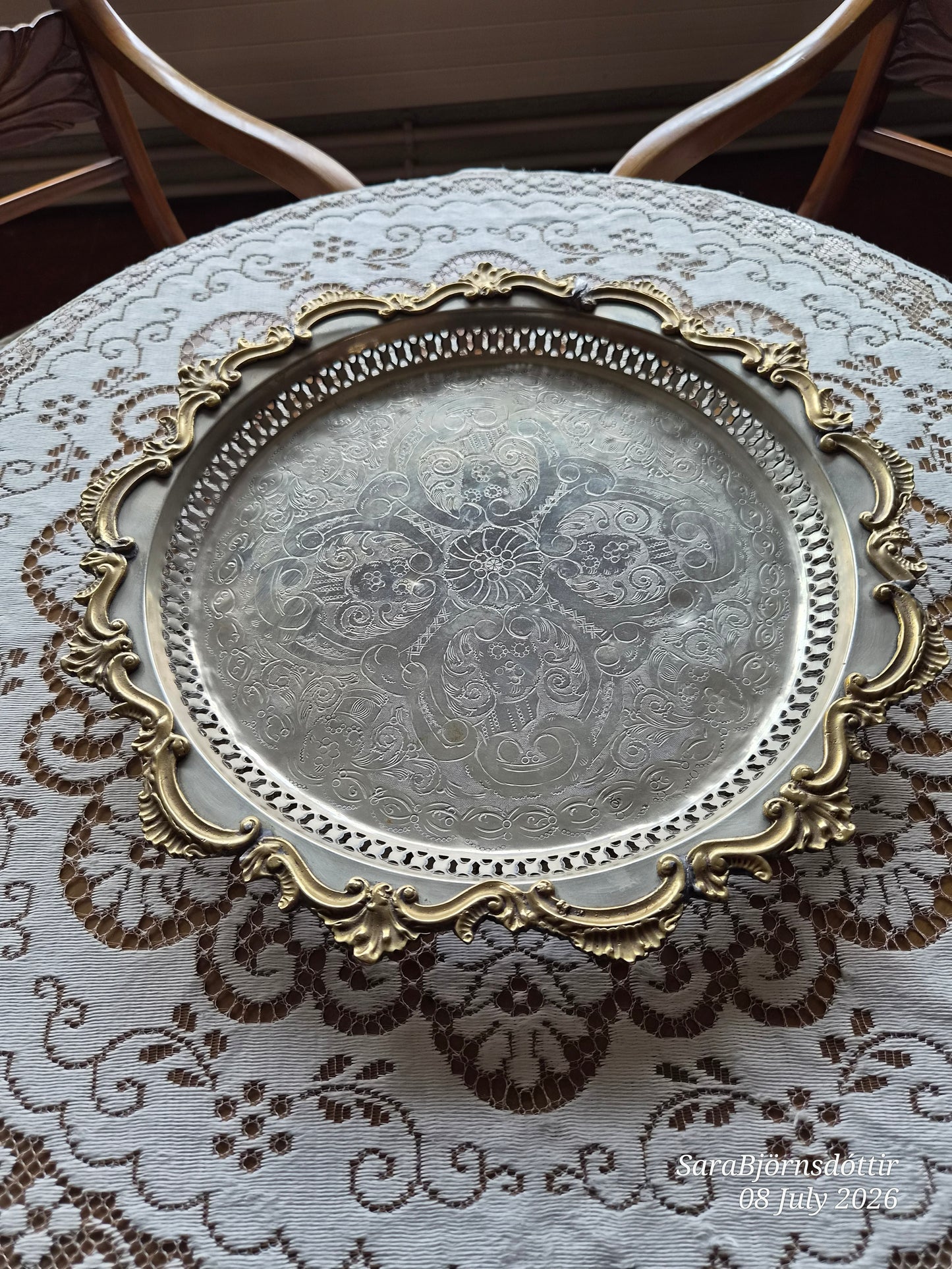 Handgerður skraut / framreiðslubakki silfurhúðaður, vintage