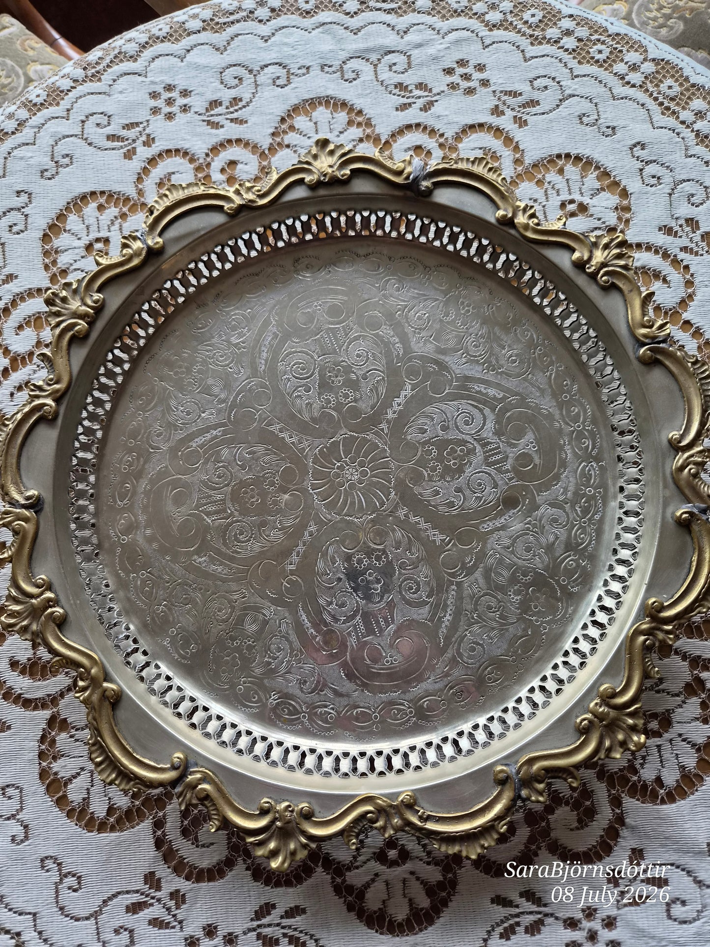 Handgerður skraut / framreiðslubakki silfurhúðaður, vintage