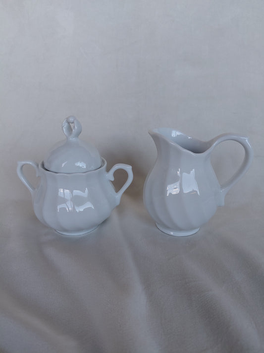 Vintage rjómakanna og sykurkar Swirl design (1960-1980), Porcelana Quinta Nova