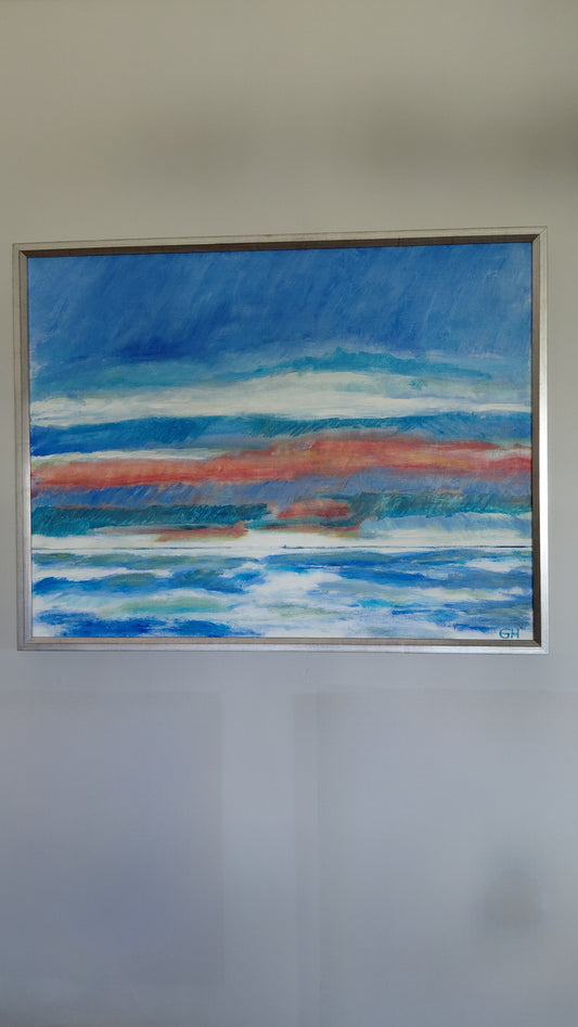 Danskt olíumálverk á striga "Útsýni frá Nr. Kettingskov yfir Litlabelti í átt að Lyø og Ærø með Skjoldnæs." (1985), Gunner Hansen