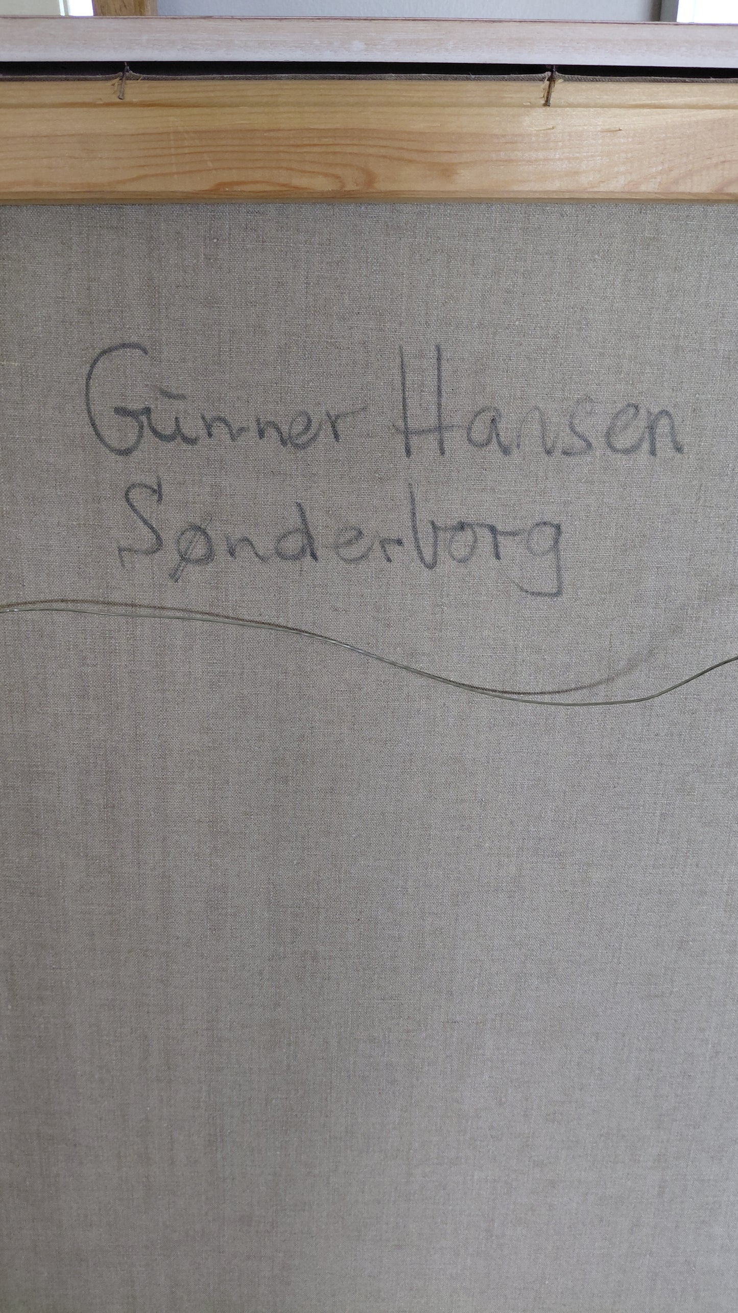 Danskt olíumálverk á striga "Útsýni frá Nr. Kettingskov yfir Litlabelti í átt að Lyø og Ærø með Skjoldnæs." (1985), Gunner Hansen