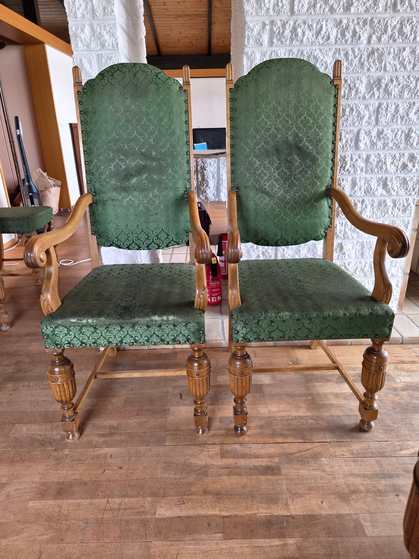 Borstofuborð 6-10 manna með 8 stólum (1940s), lengd 150 cm til 283 cm, Vintage