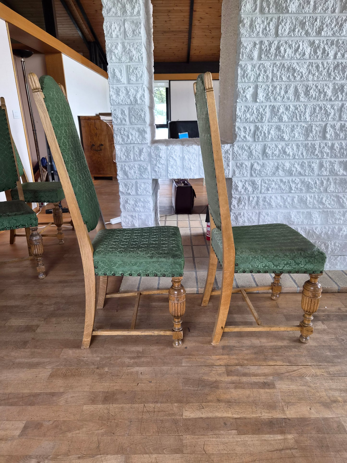 Borstofuborð 6-10 manna með 8 stólum (1940s), lengd 150 cm til 283 cm, Vintage