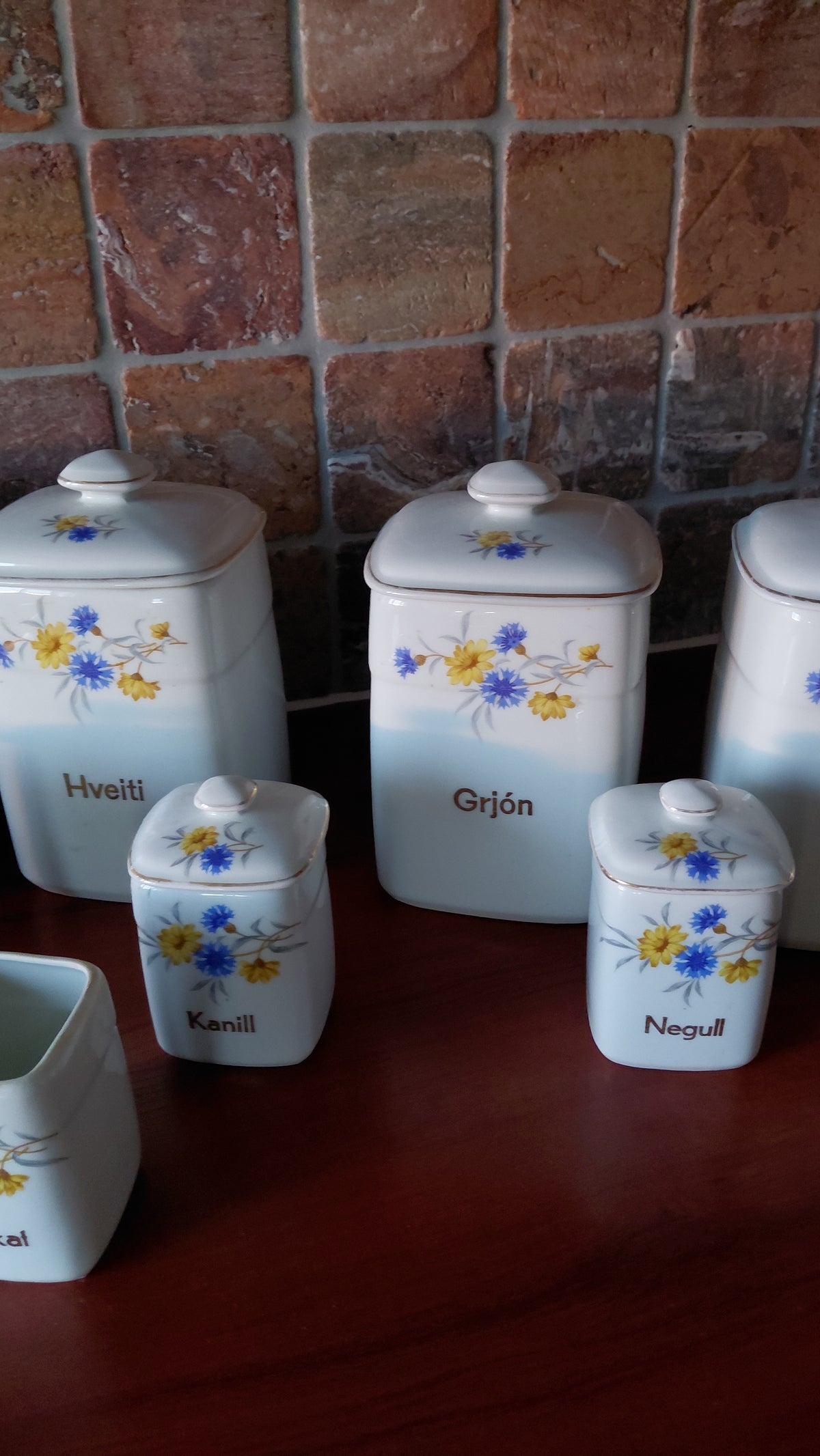 Vintage mjöl og kryddjurta krukkur "Blå Blomma" (1980-1990), Svaneholm