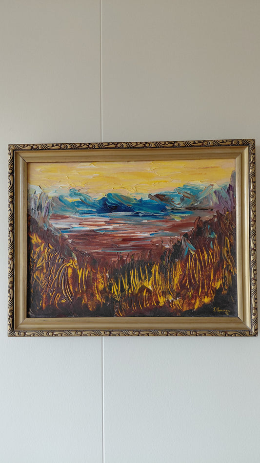 Vintage olíumálverk- Landslag  (1972), J. Koussa