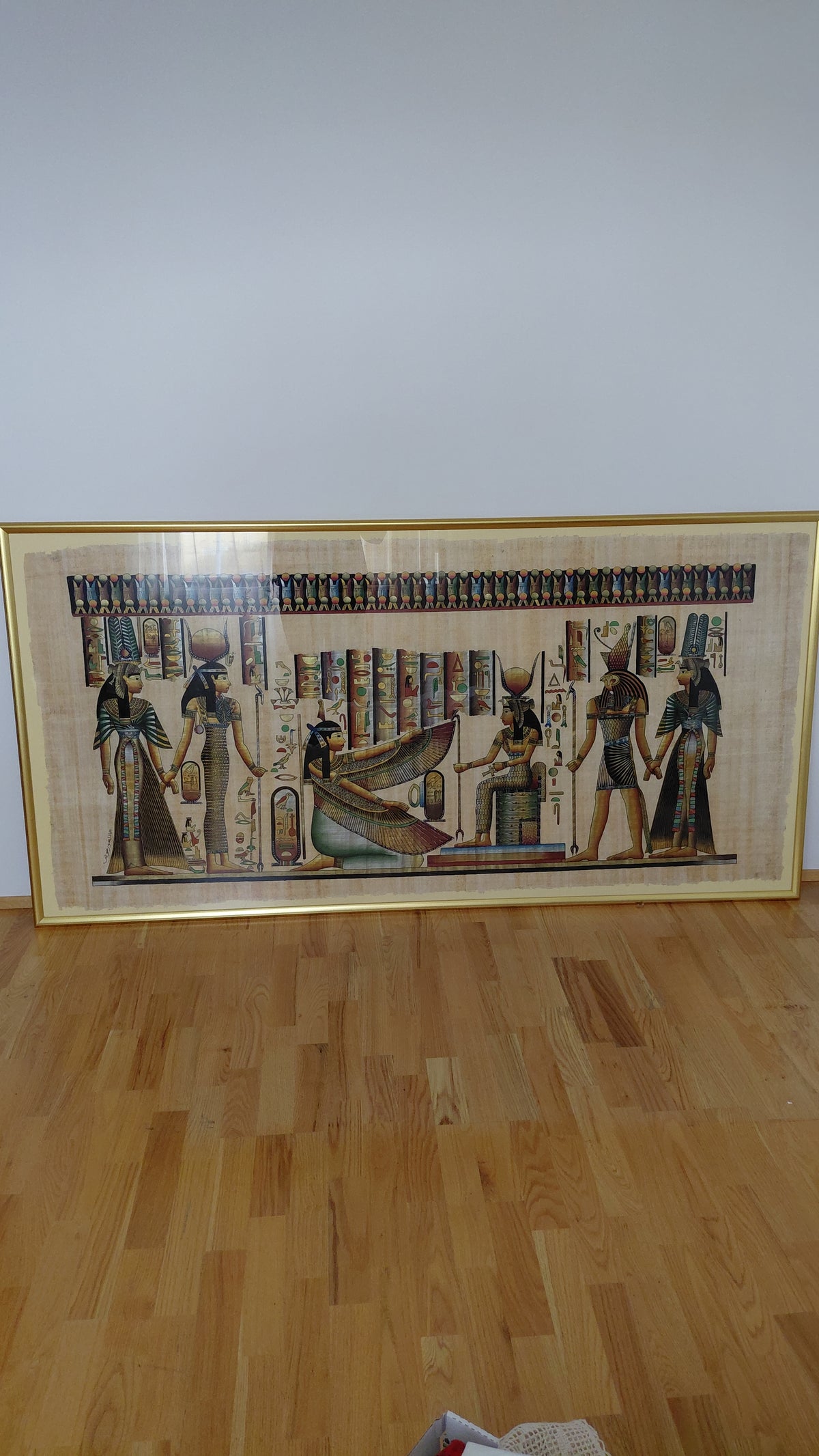Stór egypsk papírusmynd í gullramma – 199x101 cm, Ókunnur listamaður