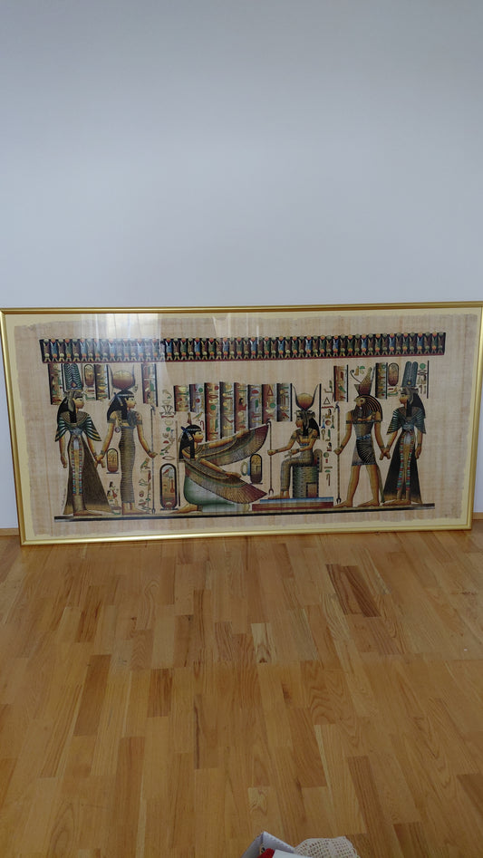 Stór egypsk papírusmynd í gullramma – 199x101 cm, Ókunnur listamaður