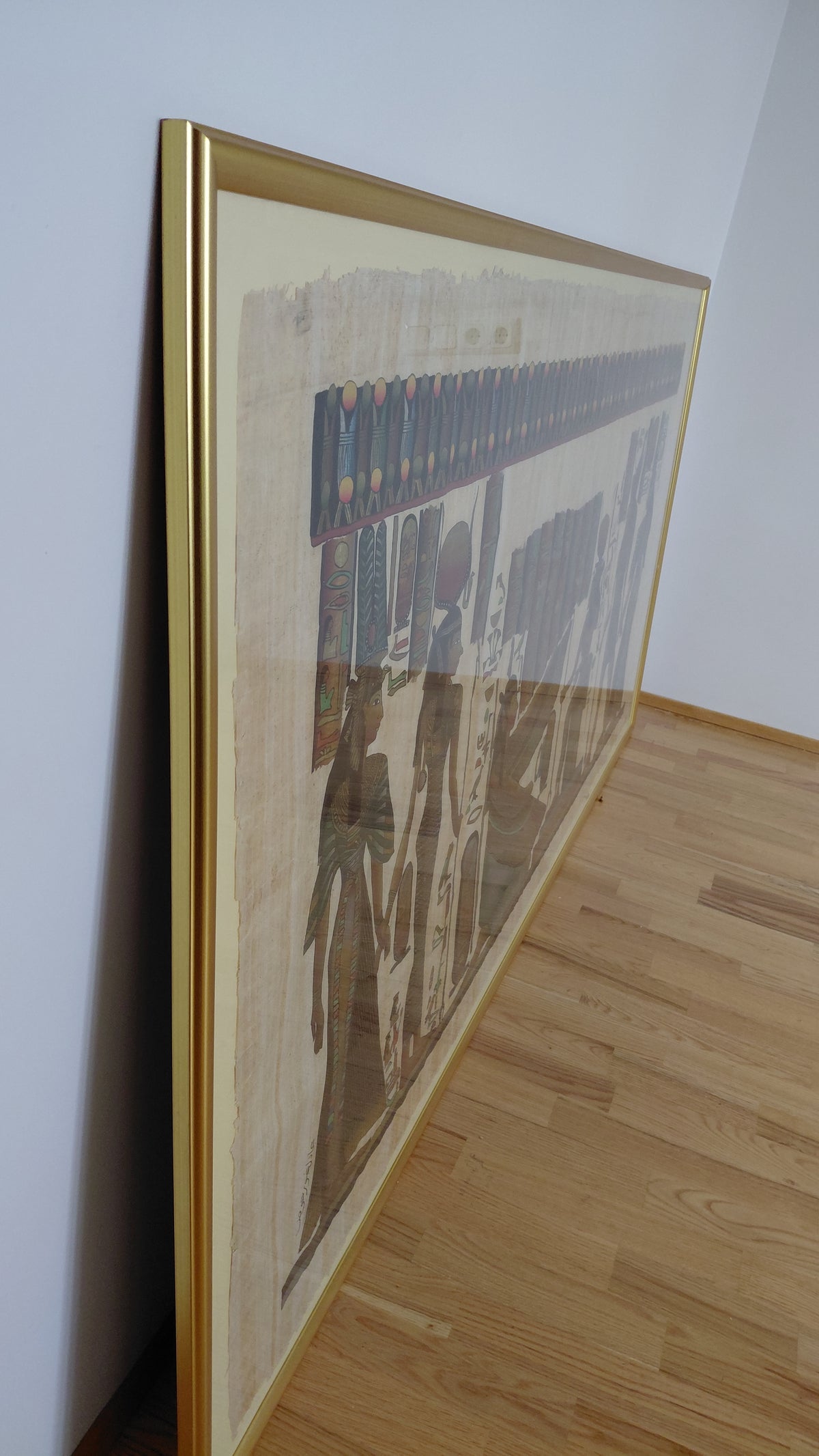 Stór egypsk papírusmynd í gullramma – 199x101 cm, Ókunnur listamaður