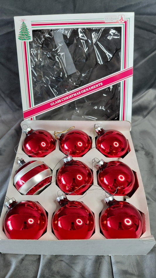 Vintage gler jólatréskúlur 9 í pakka (1960s), Essex Franke Company