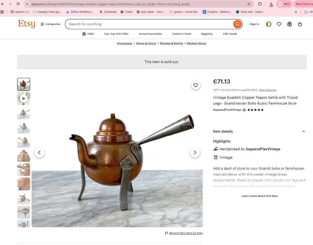 Vintage (1960s) copper tea kettle on a tripod, Smedjan