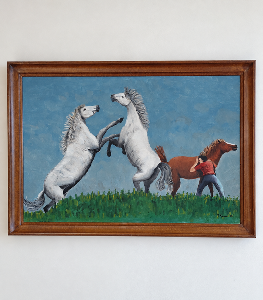 Olíumálverk af hestum (1972) 47x67 cm, J. Koussa